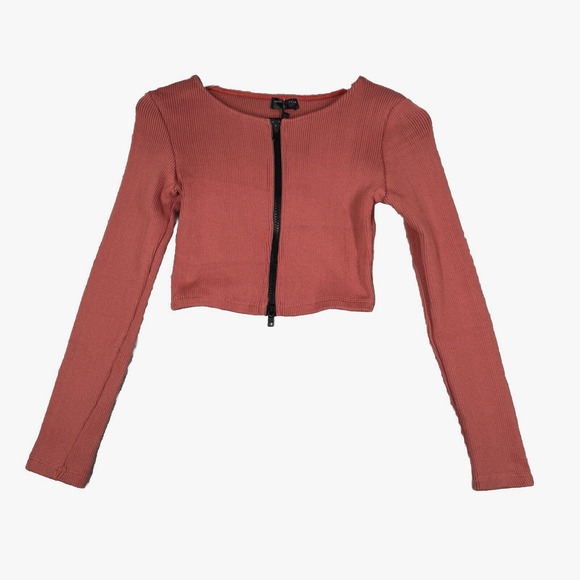 White Fox Shirt Womens Large Terracotta Ribbed‎ Knit Cropped Zipper Athleisure - Picture 1 of 9